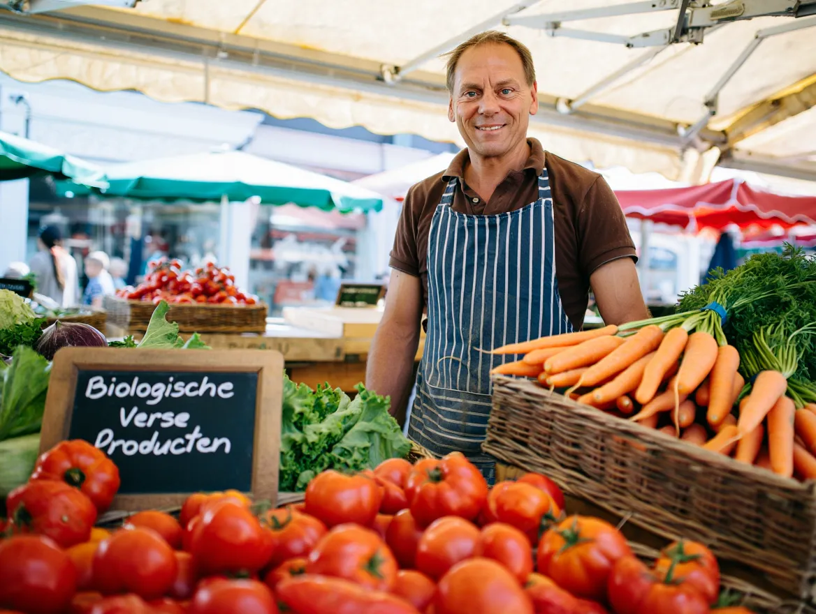 Biologische producent die producten verkoopt op een marktkraam